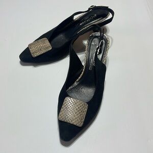 Melluso Black Suede Sling Backs with Snake Skin Accent - 2.5” heel Size 39
